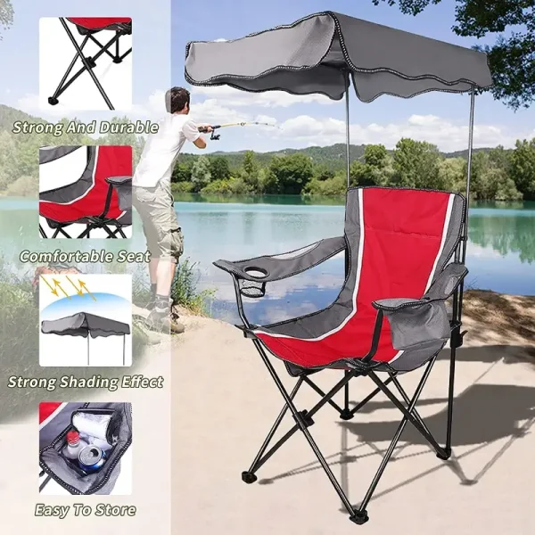 Camp Solutions Heavy Duty Folding Canopy Beach Camping Chair With Sunshade Canopy Supports 300 LBS
