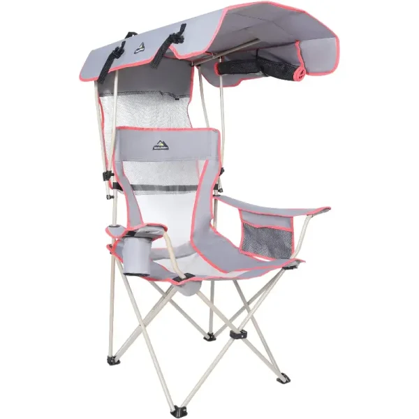Camping Brothers Beach Folding Camping Chair with Retractable Shade Canopy Supports 330 LBS