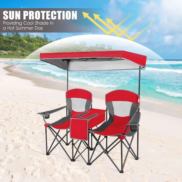 gymax-double-folding-portable-camping-beach-chair-with-canopy-shade-and-cooler-2