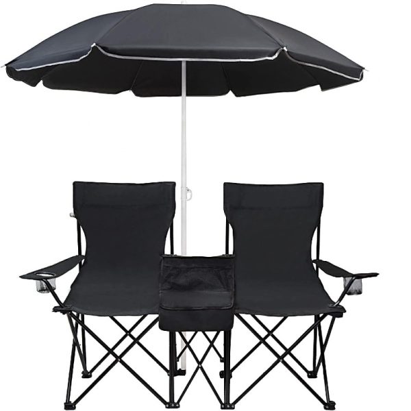 LEADALLWAY Double Portable Folding Camping Beach Chair with Shade Umbrella Support 250 Lbs Each Seat